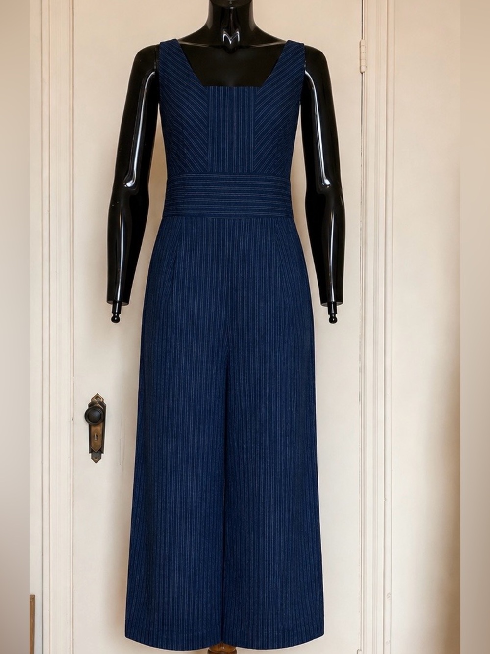 Banana Republic Navy Pinstriped linen cotton Square-Neck Wide-Leg Jumpsuit US 0